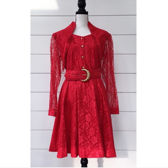 Vintage Dresses & Skirts - Vintage 80s Lace and Fringe Red Dress
